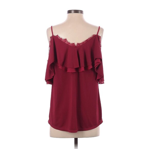 Size Small White House Black Market Dark Red Cold-Shoulder Lace Trim Top Blouse - Picture 5 of 8